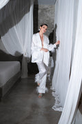 Silk Shirt with Feather Trim & Relaxed Fit Trousers, Cosheroom