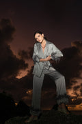Silk Pajamas With Feather Trim, Silver Grey Frida Look, Cosheroom