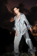 Silk Pajamas With Feather Trim, Silver Grey Frida Look, Cosheroom