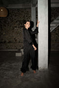 All Black Frida Look, Silk Shirt & Pajama Trousers with Ostrich Feather Cuffs, Cosheroom