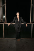 All Black Frida Look, Silk Shirt & Pajama Trousers with Ostrich Feather Cuffs, Cosheroom